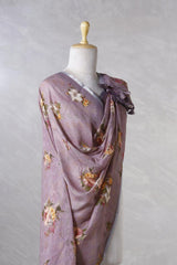 Light Mauve Pure Linen Dupatta with Floral Prints