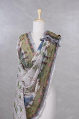 Grey Pure Linen Dupatta with Pichwai Floral Prints