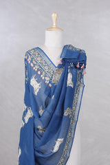 Blue Pure Linen Dupatta with Pichwai Cow Motifs