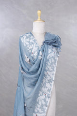 Sky Blue Pure Linen Dupatta with Bird Motifs