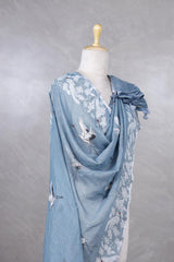 Sky Blue Pure Linen Dupatta with Bird Motifs