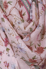 Pink Pure Linen Dupatta with Floral & Bird Digital Print