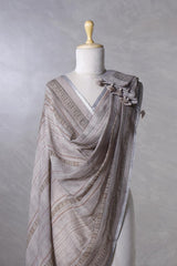 Ash Grey Linen Dupatta with Traditional Printed Pallu