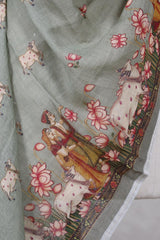 Basil Green Linen Dupatta with Pichwai Cow Motifs