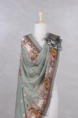 Basil Green Linen Dupatta with Pichwai Cow Motifs