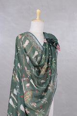 Bottle Green Linen Dupatta with Baluchari-Shikargah Prints