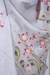 Grey Pure Linen Dupatta with Pichwai Lotus Prints