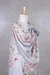 Grey Pure Linen Dupatta with Pichwai Lotus Prints