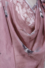Pink Pure Linen Dupatta with Bird Motifs