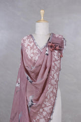 Pink Pure Linen Dupatta with Bird Motifs
