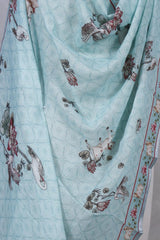 Sky Blue Pure Linen Dupatta with Pichwai And Bird Motifs