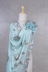 Sky Blue Pure Linen Dupatta with Pichwai And Bird Motifs