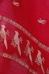 Red Banarasi Silk Dupatta with Bird Motifs