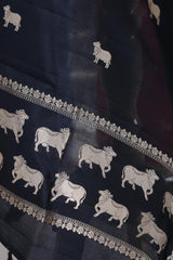 Black Banarasi Silk Dupatta with Kamdhenu Pichwai Motifs