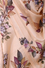 Peach Linen Dupatta with Floral and Kingfisher Bird Prints