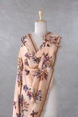 Peach Linen Dupatta with Floral and Kingfisher Bird Prints