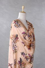 Peach Linen Dupatta with Floral and Kingfisher Bird Prints