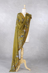 Olive Green Chanderi Silk Dupatta with Egret Bird and Floral Prints