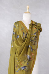 Olive Green Chanderi Silk Dupatta with Egret Bird and Floral Prints