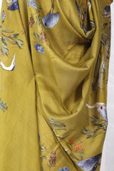 Olive Green Chanderi Silk Dupatta with Egret Bird and Floral Prints