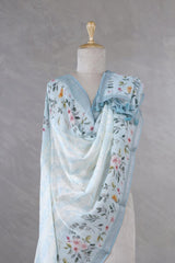 Sky Blue Linen Dupatta with Floral Prints