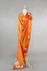 Orange Banarasi Silk Dupatta with Zari Birds Motifs