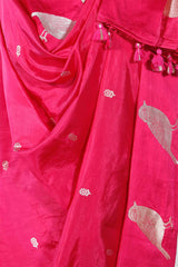 Pink Banarasi Silk Dupatta with Zari Birds Motifs