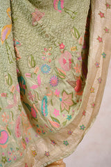 Banarasi Khaddi Dupatta in Sage Green with Bandhej and Meenakari Bird Motifs