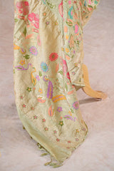 Banarasi Khaddi Dupatta in Sage Green with Bandhej and Meenakari Bird Motifs