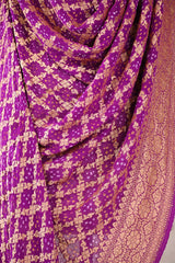 Magenta Georgette Bandhani Dupatta with Gold Zari Criss-Cross