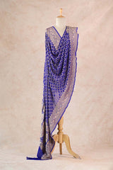 Indigo Georgette Khaddi Dupatta showing fine gold zari criss-cross pattern, Bandhani tie-dye motifs, and broad floral zari border.