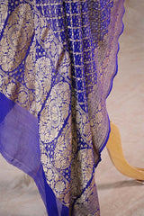 Indigo Georgette Bandhani Dupatta with Gold Zari Criss-Cross