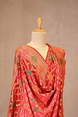 Red and Peach Georgette Bandhani Dupatta with Gharchola Pattern