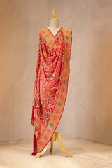 Red and Peach Georgette Bandhani Dupatta with Gharchola Pattern