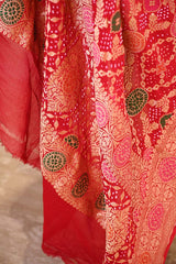 Red and Peach Georgette Bandhani Dupatta with Gharchola Pattern
