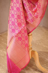 Pink Banarasi Silk Dupatta with Gold Zari Floral & Animal Motif Jaal