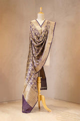 Wine Banarasi Silk Dupatta with Gold Zari Floral & Animal Motif Jaal