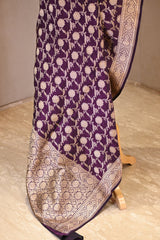 Wine Banarasi Katan Silk Dupatta with Gold Zari Woven Floral Jaal