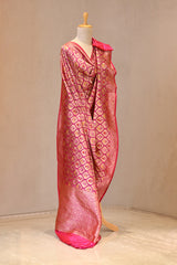 Deep Pink Banarasi Katan Silk Dupatta with Gold Zari Brocade Jaal