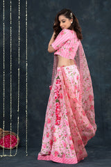 Baby Pink Floral Printed Embellished Cotton Lehenga - Chinaya Banaras