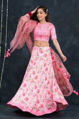 Baby Pink Floral Printed Embellished Cotton Lehenga - Chinaya Banaras