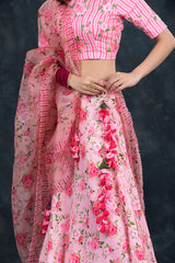 Baby Pink Floral Printed Embellished Cotton Lehenga - Chinaya Banaras