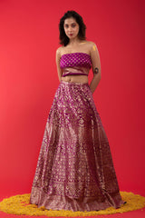 Purple Handwoven Embellished Banarasi Katan Silk Lehenga - Chinaya Banaras