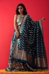 Teal Blue Handwoven Embellished Banarasi Katan Silk Lehenga - Chinaya Banaras