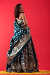 Teal Blue Handwoven Embellished Banarasi Katan Silk Lehenga - Chinaya Banaras