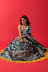 Teal Blue Handwoven Embellished Banarasi Katan Silk Lehenga - Chinaya Banaras