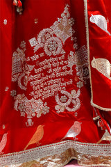 Red Banarasi Silk Lehenga with Gayatri Mantra And Bird Motifs