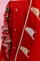 Red Banarasi Silk Lehenga with Gayatri Mantra And Bird Motifs