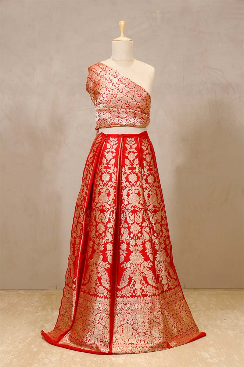 Red Banarasi Bridal Lehenga with Gold Zari Floral Work