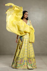 Yellow Floral Chiniya Silk Lehenga with Hand Embellishments